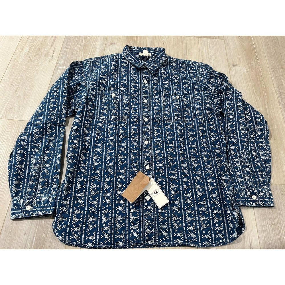 RRL Ralph Lauren RRL Logo Print Indigo Woven Cotton Workshirt - Mens size XL